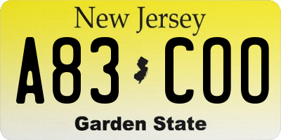 NJ license plate A83COO