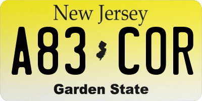 NJ license plate A83COR