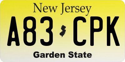 NJ license plate A83CPK
