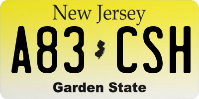 NJ license plate A83CSH