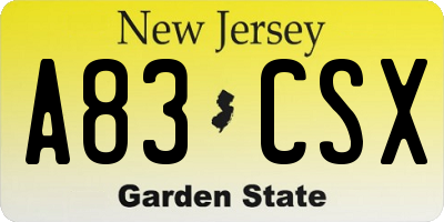 NJ license plate A83CSX