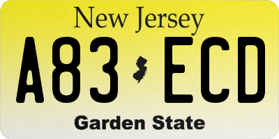 NJ license plate A83ECD