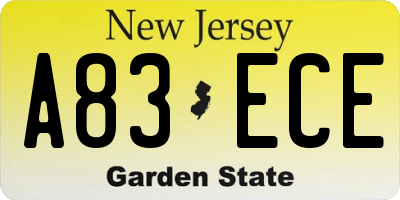 NJ license plate A83ECE