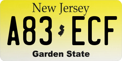 NJ license plate A83ECF