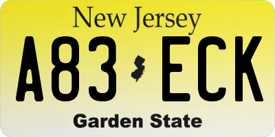 NJ license plate A83ECK