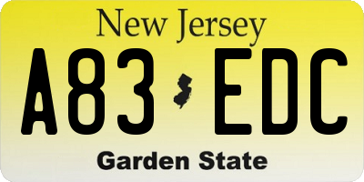 NJ license plate A83EDC