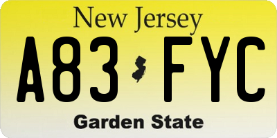 NJ license plate A83FYC