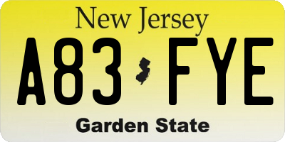 NJ license plate A83FYE