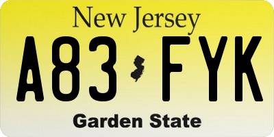 NJ license plate A83FYK
