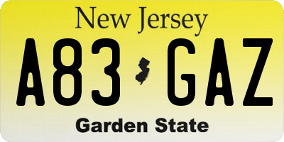 NJ license plate A83GAZ