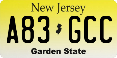 NJ license plate A83GCC
