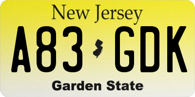NJ license plate A83GDK