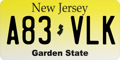 NJ license plate A83VLK