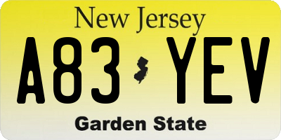 NJ license plate A83YEV