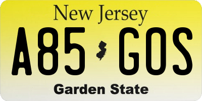 NJ license plate A85GOS