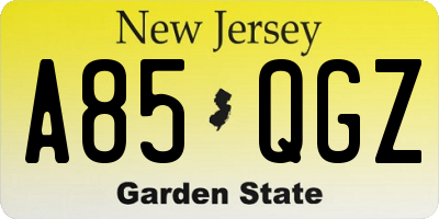 NJ license plate A85QGZ