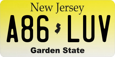 NJ license plate A86LUV