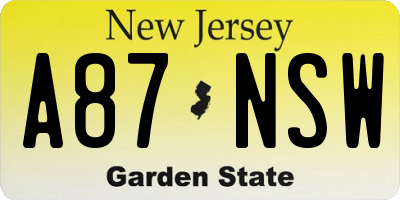 NJ license plate A87NSW