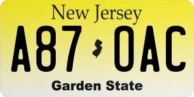 NJ license plate A87OAC