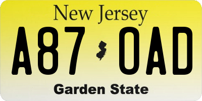 NJ license plate A87OAD