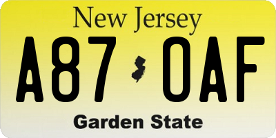 NJ license plate A87OAF