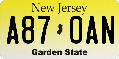NJ license plate A87OAN