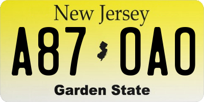 NJ license plate A87OAO