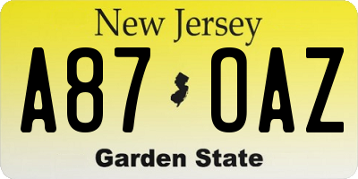 NJ license plate A87OAZ