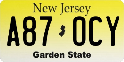 NJ license plate A87OCY