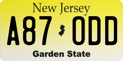 NJ license plate A87ODD