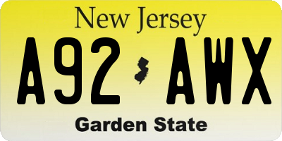 NJ license plate A92AWX