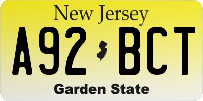 NJ license plate A92BCT