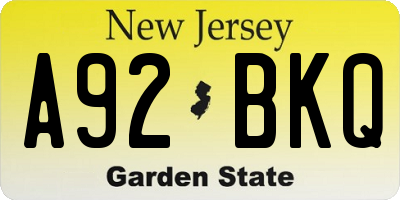 NJ license plate A92BKQ