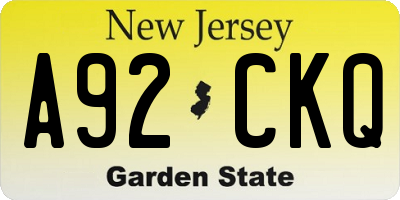 NJ license plate A92CKQ
