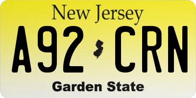 NJ license plate A92CRN