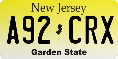 NJ license plate A92CRX
