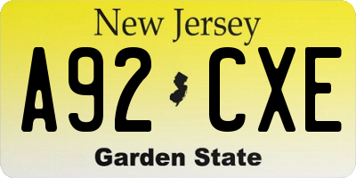 NJ license plate A92CXE