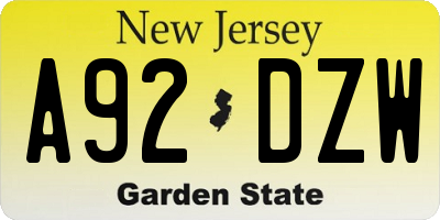 NJ license plate A92DZW