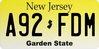 NJ license plate A92FDM