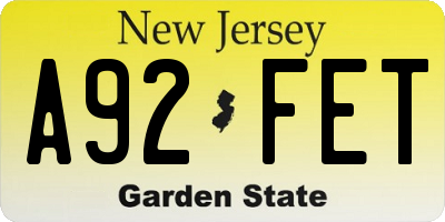 NJ license plate A92FET