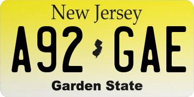 NJ license plate A92GAE
