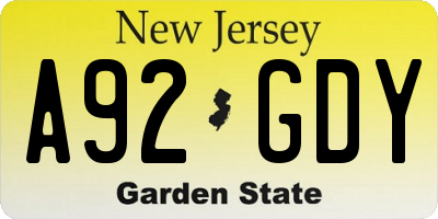 NJ license plate A92GDY