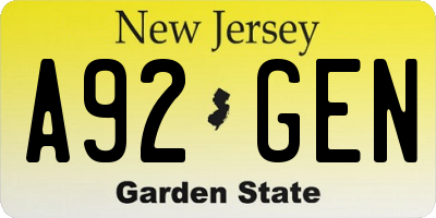 NJ license plate A92GEN