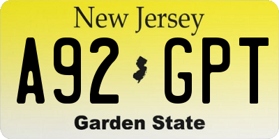 NJ license plate A92GPT