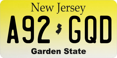 NJ license plate A92GQD