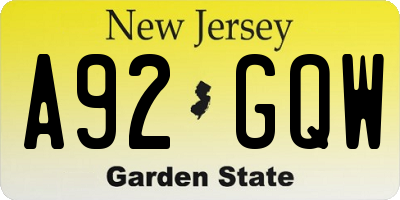 NJ license plate A92GQW