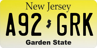 NJ license plate A92GRK