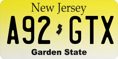 NJ license plate A92GTX