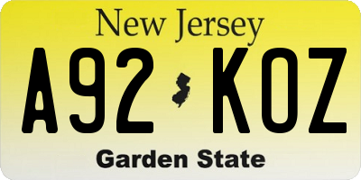 NJ license plate A92KOZ