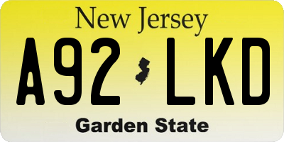 NJ license plate A92LKD
